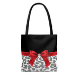 Tote Bag-Glam Red Bow-Grey Leopard-Black