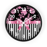 Wall clock-Glam Pink Bow-Pink Stencil-Black White Pinstripes