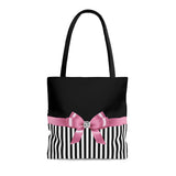 Tote Bag-Glam Pink Bow-Black White Pinstripes-Black