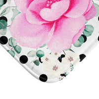 Bath Mat-Magenta Pink Floral-Black Polka Dots-White