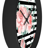 Wall Clock-Lush Pink Floral-Black Horizontal Stripes-White