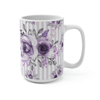 Coffee Mug 15oz-Soft Purple Floral-Purple Pinstripes-White