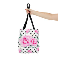 Tote Bag-Magenta Pink Floral-Black Polka Dots-White