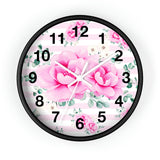 Wall Clock-Magenta Pink Floral-Pink Horizontal Stripes-White