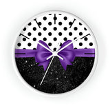 Wall Clock-Glam Purple Bow-Black Polka Dots-Black Glitter