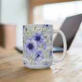 Coffee Mug 15oz-Soft Blue Floral-Soft Blue Horizontal Stripes-White