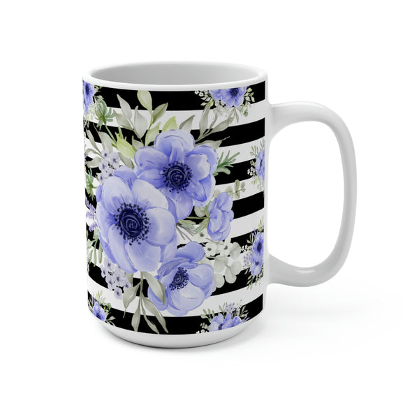 Coffee Mug 15oz-Soft Blue Floral-Black Horizontal Stripes-White