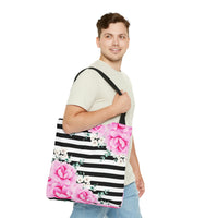 Tote Bag-Magenta Pink-Floral Bash-Black Horizontal Stripes-White