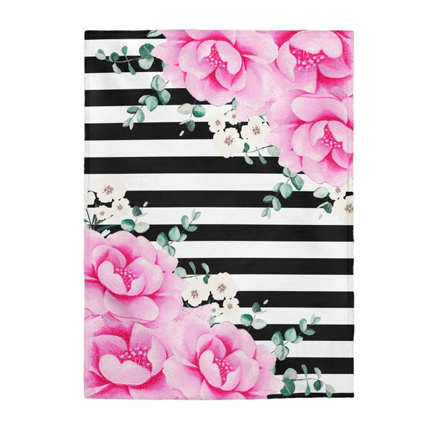 Velveteen Plush Blanket-Magenta Pink-Floral Bash-Black Horizontal Stripes-White