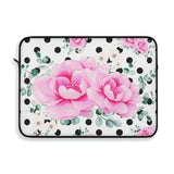 Laptop Sleeve-Magenta Pink Floral-Black Polka Dots-White