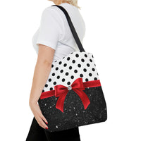 Tote Bag-Glam Red Bow-Black Polka Dots-Black Glitter