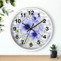 Wall Clock-Soft Blue Floral-Soft Blue Horizontal Stripes-White