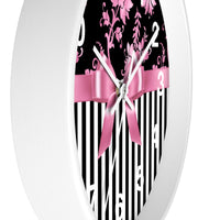 Wall clock-Glam Pink Bow-Pink Stencil-Black White Pinstripes