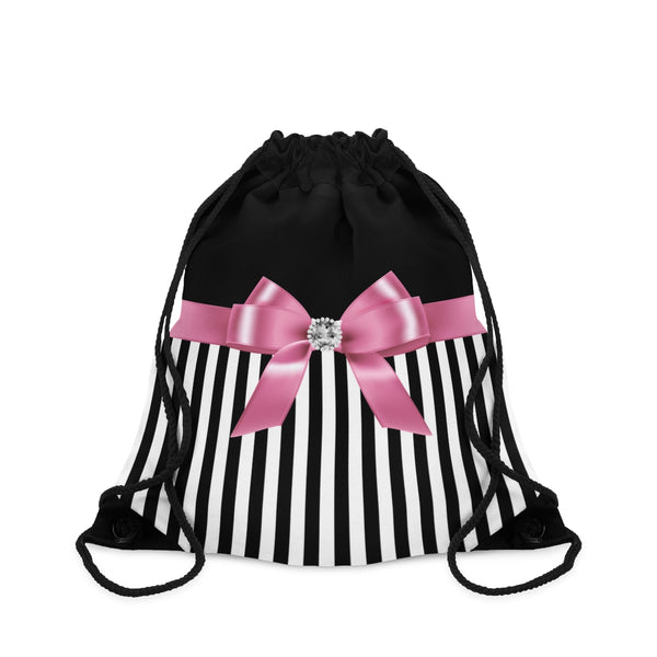 Drawstring Bag-Glam Pink Bow-Black White Pinstripes-Black
