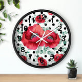 Wall Clock-Rouge Red Floral-Black Polka Dots-White