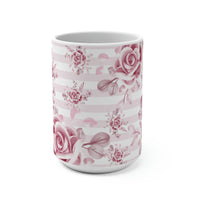 Coffee Mug 15oz-Soft Pink Floral Mauve-Horizontal Stripes-White