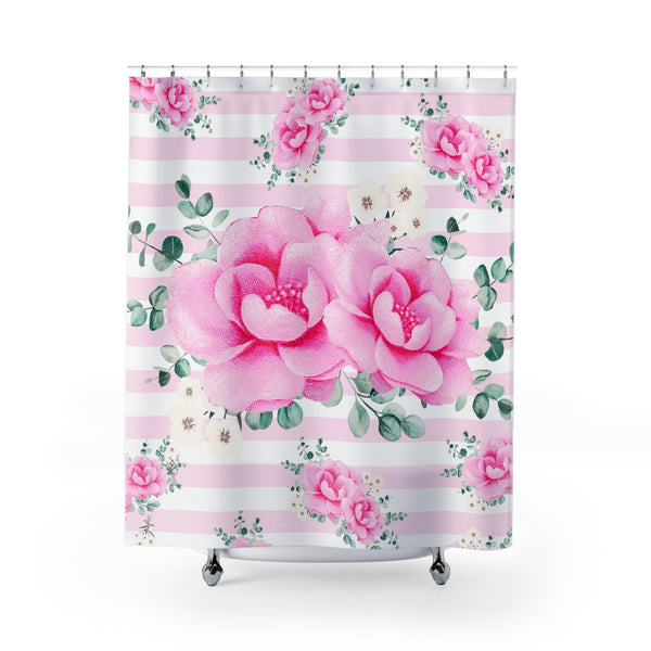 Shower Curtains-Magenta Pink Floral-Pink Horizontal Stripes-White