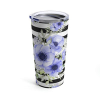 Tumbler 20oz-Soft Blue Floral-Black Horizontal Stripes-White