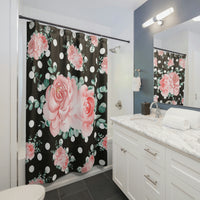 Shower Curtains-Lush Pink Floral-White Polka Dots-Black