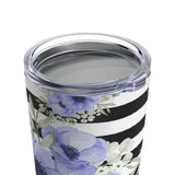 Tumbler 20oz-Soft Blue Floral-Black Horizontal Stripes-White