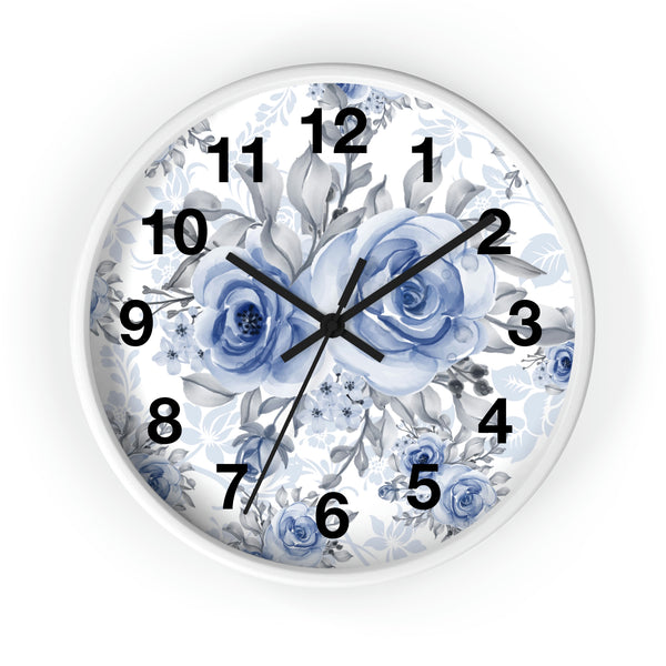 Wall Clock-Stormy Blue-Floral Stencil-White