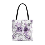 Tote Bag-Soft Purple-Floral Stencil-White