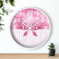 Wall Clock-Glam Pink Bow-Pink White Stencil-Pink White Pinstripes