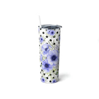 Skinny Tumbler, 20oz-Soft Blue Floral-Black Polka Dots-White