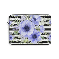 Laptop Sleeve-Soft Blue Floral-Black Horizontal Stripes-White