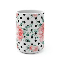 Coffee Mug 15oz-Lush Pink Floral-Black Polka Dots-White