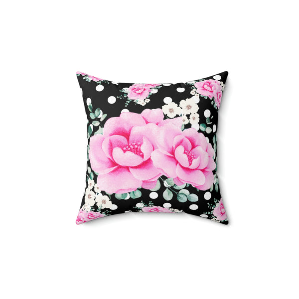 Square Pillow-Magenta Pink Floral-White Polka Dots-Black