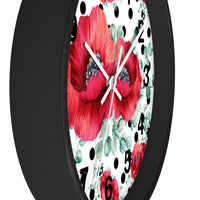 Wall Clock-Rouge Red Floral-Black Polka Dots-White