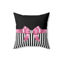 Square Pillow-Glam Pink Bow-Black White Pinstripes-Black