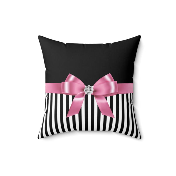 Square Pillow-Glam Pink Bow-Black White Pinstripes-Black