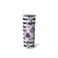 Skinny Tumbler, 20oz-Soft Purple Floral-Black Horizontal Stripes-White