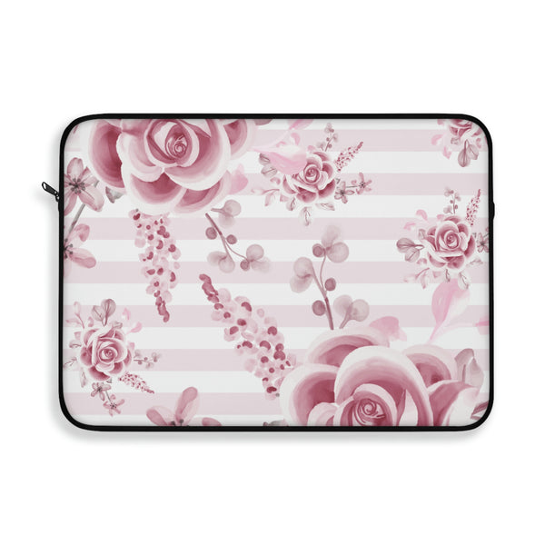 Laptop Sleeve-Soft Pink Floral Mauve-Horizontal Stripes-White