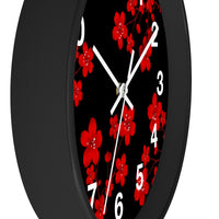 Wall Clock-Red Floral Blossoms-Black