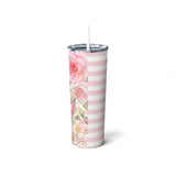 Skinny Tumbler, 20oz-Pink Floral Butterflies-Pink Horizontal Stripes