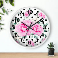 Wall Clock-Magenta Pink Floral-Black Polka Dots-White