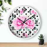 Wall Clock-Magenta Pink Floral-Black Polka Dots-White