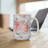 Coffee Mug 15oz-Lush Pink Floral-Pink Horizontal Stripes-White