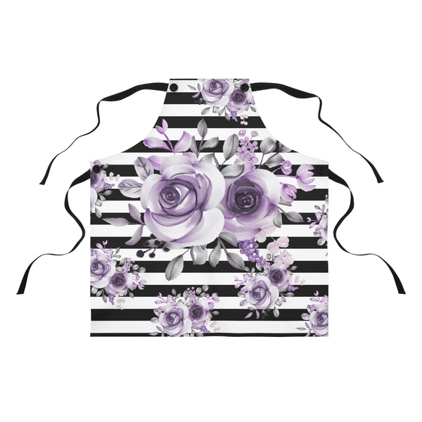Apron-Soft Purple Floral-Black Horizontal Stripes-White