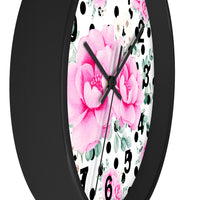 Wall Clock-Magenta Pink Floral-Black Polka Dots-White