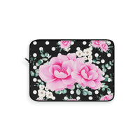 Laptop Sleeve-Magenta Pink Floral-White Polka Dots-Black