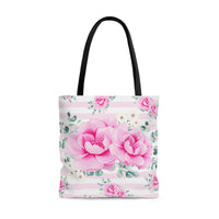 Tote Bag-Magenta Pink Floral-Pink Horizontal Stripes-White