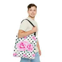 Tote Bag-Magenta Pink Floral-Black Polka Dots-White