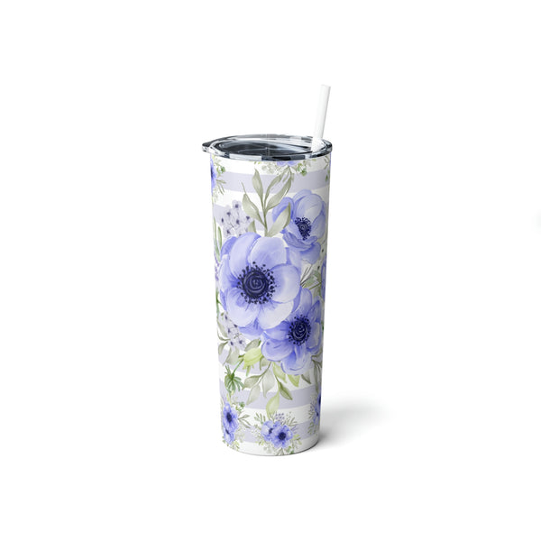 Skinny Tumbler, 20oz-Soft Blue Floral-Soft Blue Horizontal Stripes-White