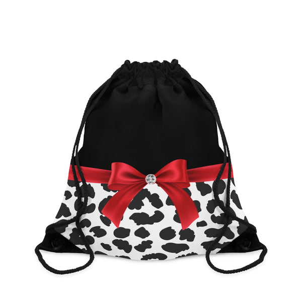 Drawstring Bag-Glam Red Bow-Snow Leopard-Black