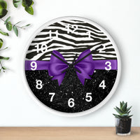 Wall Clock-Glam Purple Bow-Zebra-Black Glitter