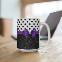 Coffee Mug 15oz-Glam Purple Bow-Black Polka Dots-Black Glitter